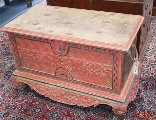 A Chinese Straits carved and painted teak chest W.92cm